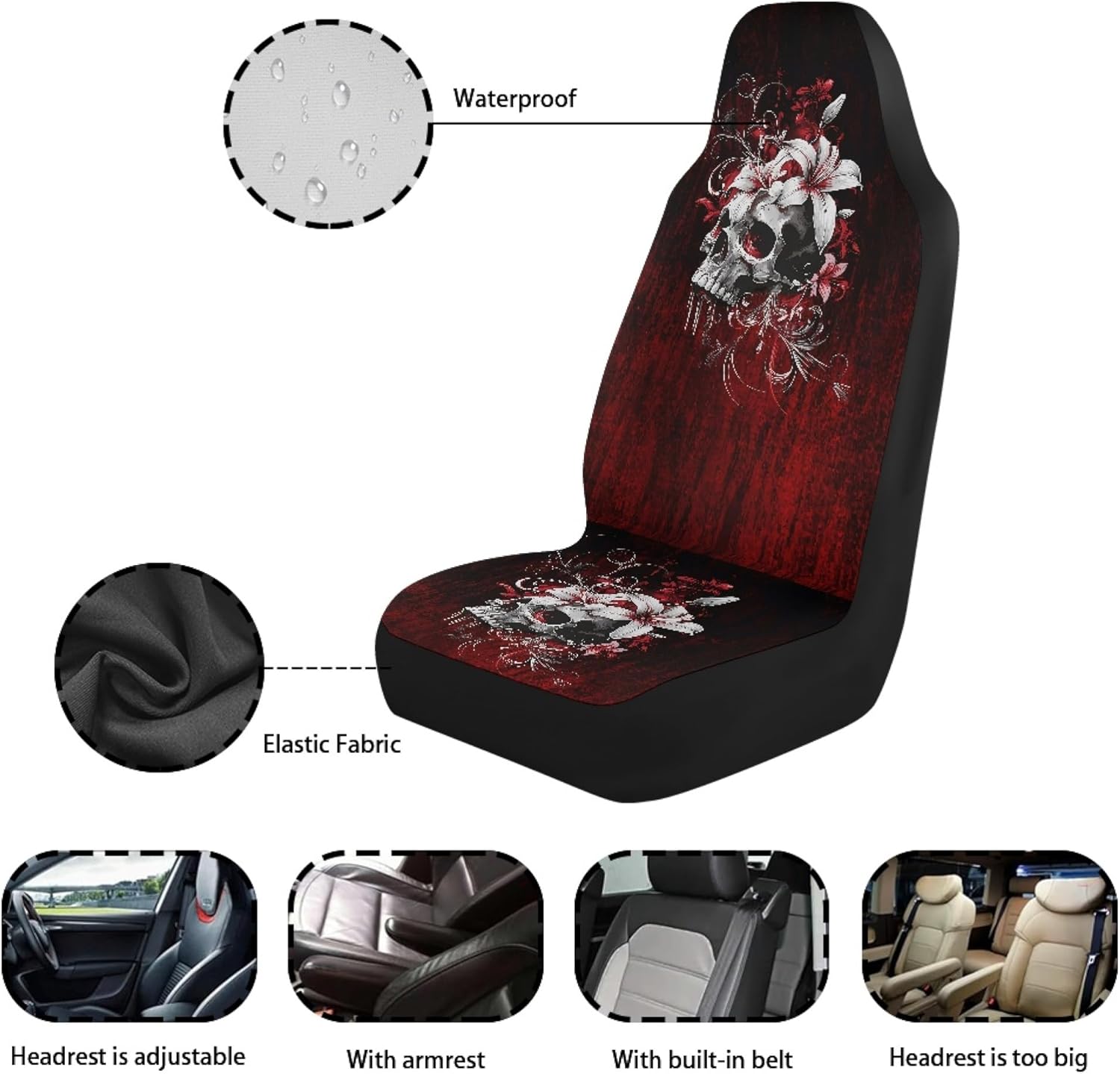 Gothic Skull Car Front Seat Covers Front Seat Cover Front Bucket Seat Covers Removable Automotive Accessories Universal Fit for Cars SUV Van Sedan Trucks Red