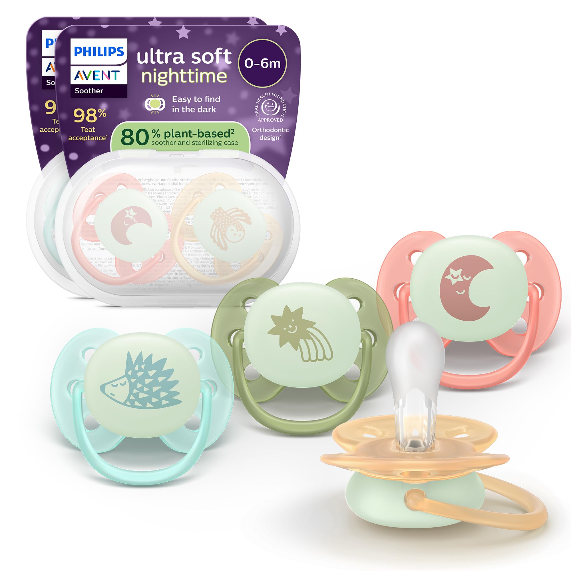 Philips Avent Ultra Soft Nighttime Soothers - Orthodontic Design, for Babies 0-6 Months, Glow in The Dark, Flexible Shield, Symmetrical Silicone Teat, BPA-Free, Sterilising Cases, 4 Pack, SCF094/07