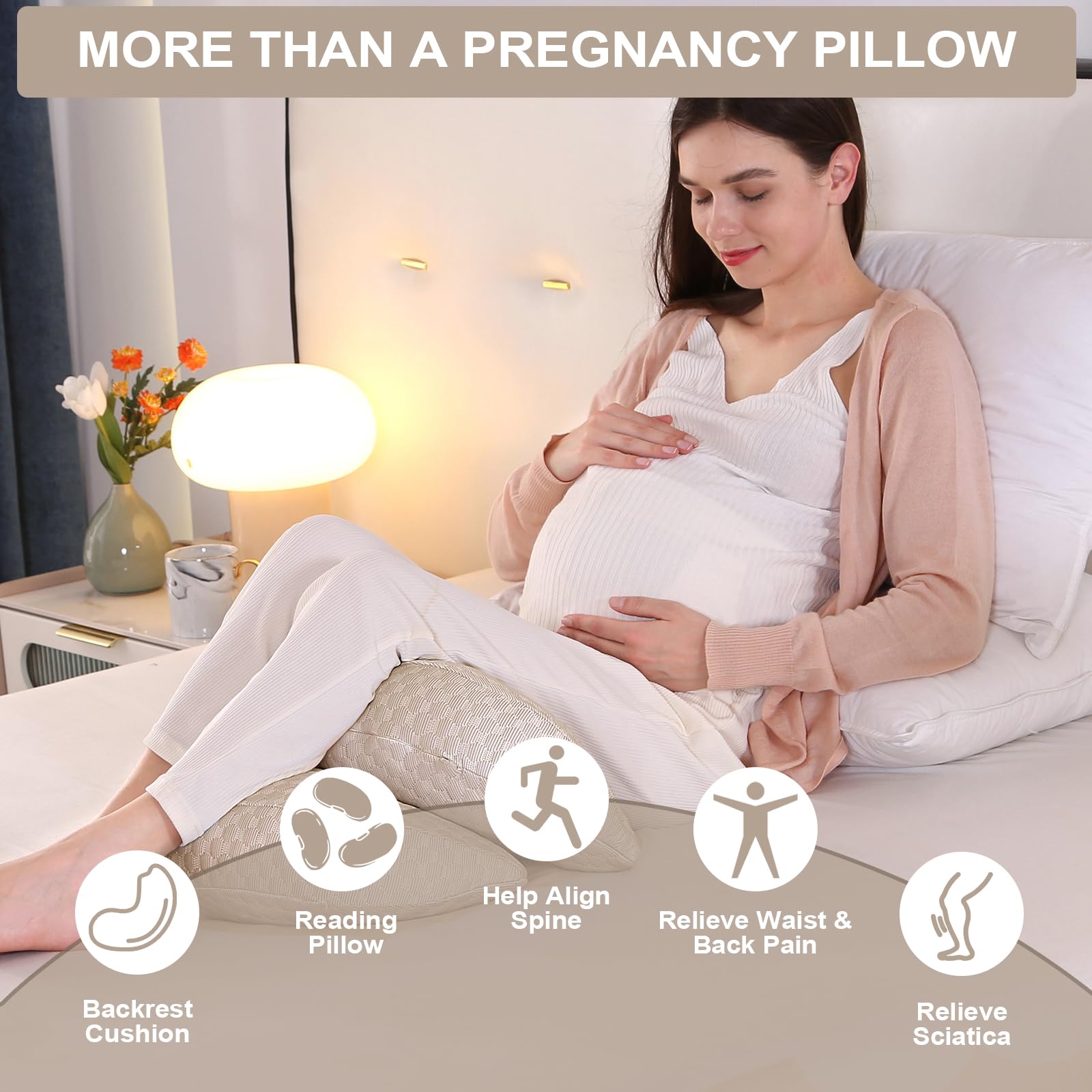 Cuscino Gravidanza per Dormire, Cuscino allattamento e Gravidanza con Fodera Raffreddamento Bambù Morbida Setosa, Cuscino Supporto Comfort Regolabile per Tutto Il Corpo e Maternità(Cachi & Piccolo)