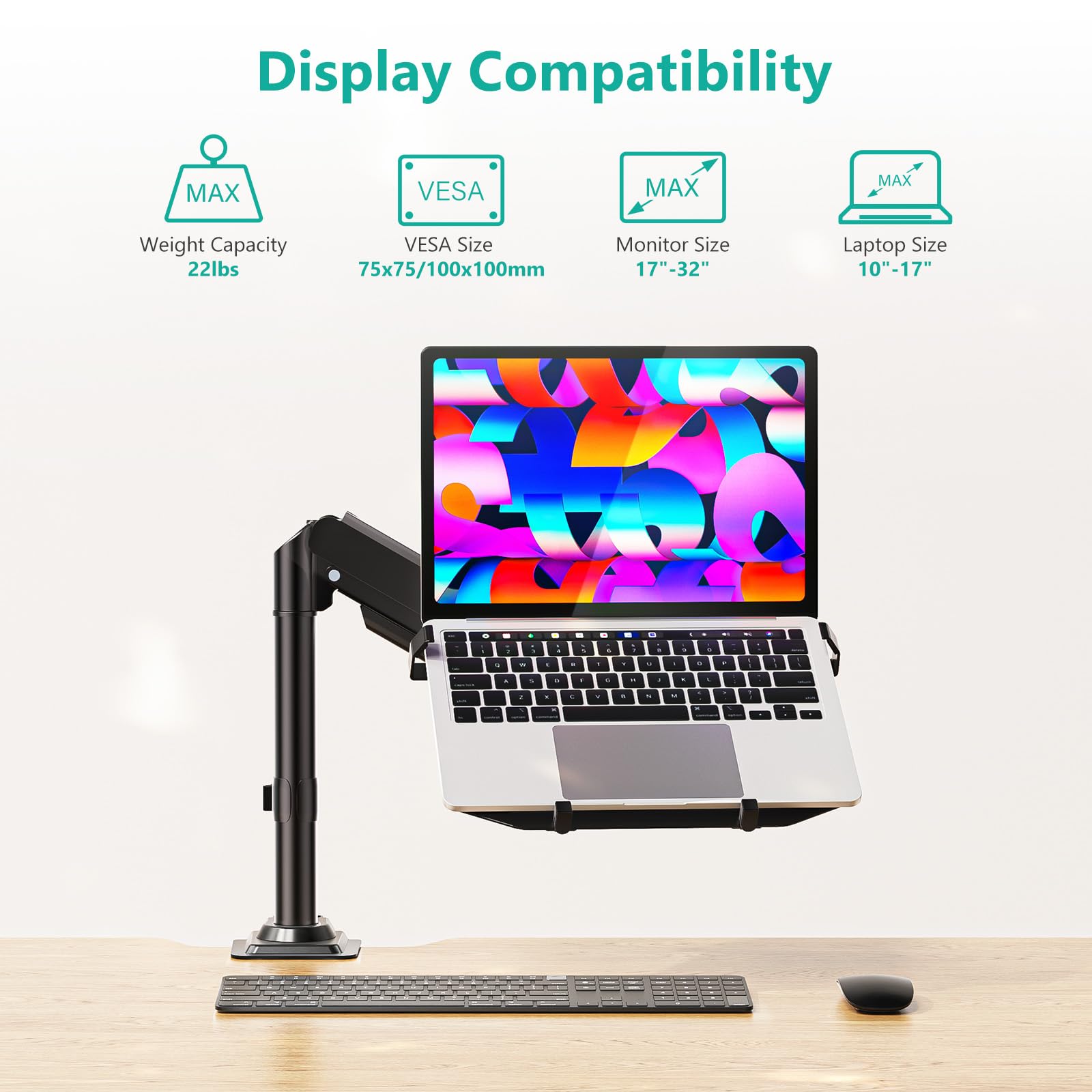 WALI Laptop Tray Desk Mount, Laptop Arm Mount Fits 10-15.6 Inch Notebook, 2-in-1 Gas Spring Monitor Arm for 17-32 Inch Computer Screen, Holds up to 22lbs(GSDM00LP), Black