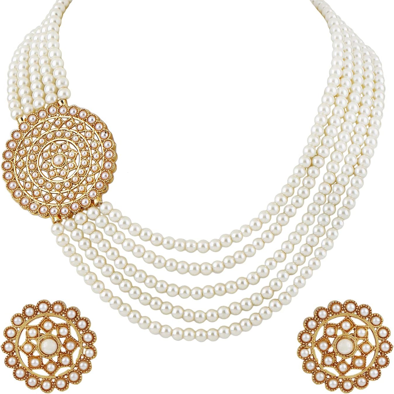 Shining Diva Fashion 18k Gold Plated Latest Stylish Fancy Long Traditional Pearl Necklace Jewellery Set for Women, One, Metal, No Gemstone