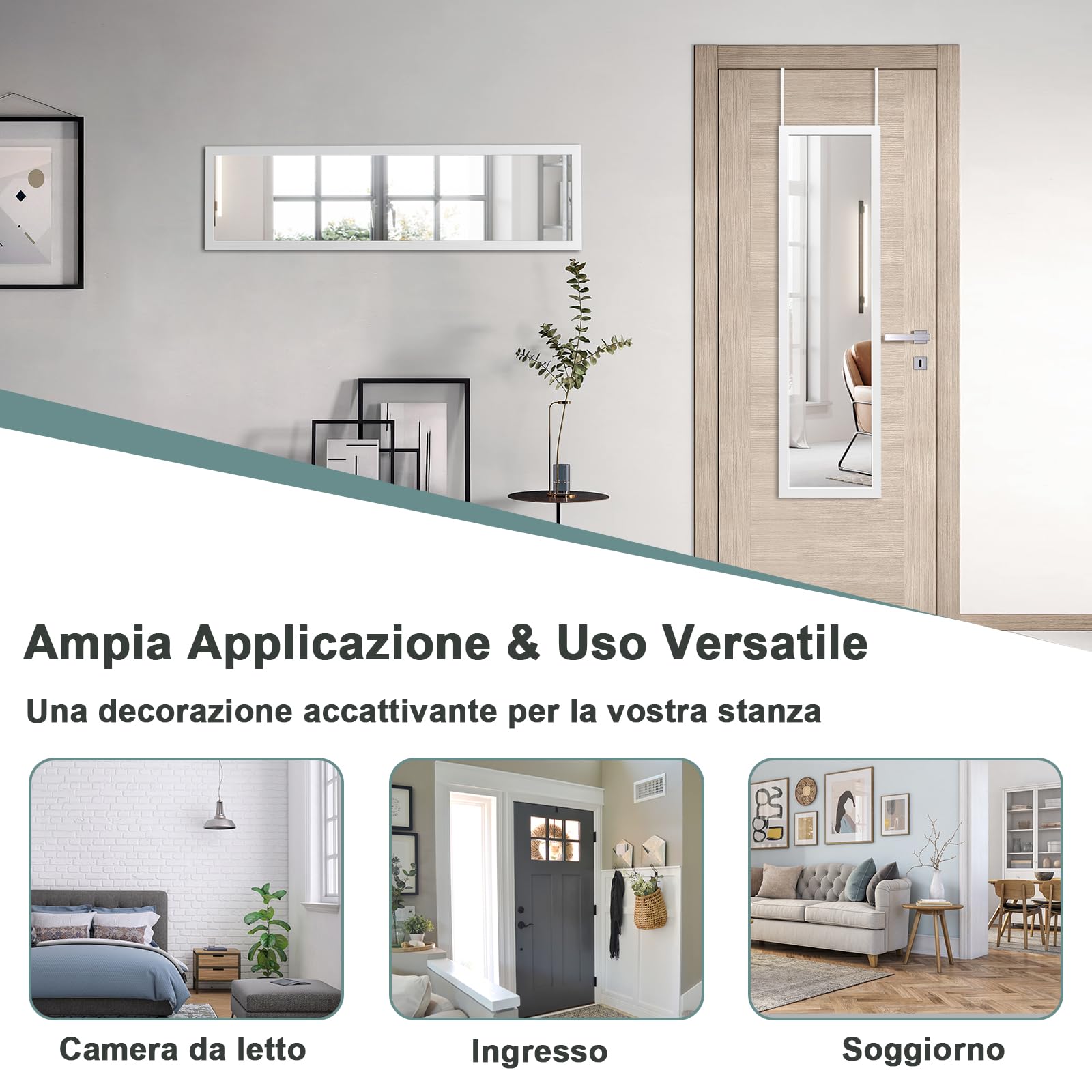 GYMAX Specchio da Parete a Figura, 119 x 33 cm, con Ganci Antiruggine e Adesivi, Specchio Verticale da Porta Antinfortunistico per Camera da Letto Soggiorno Spogliatoio (Bianco)