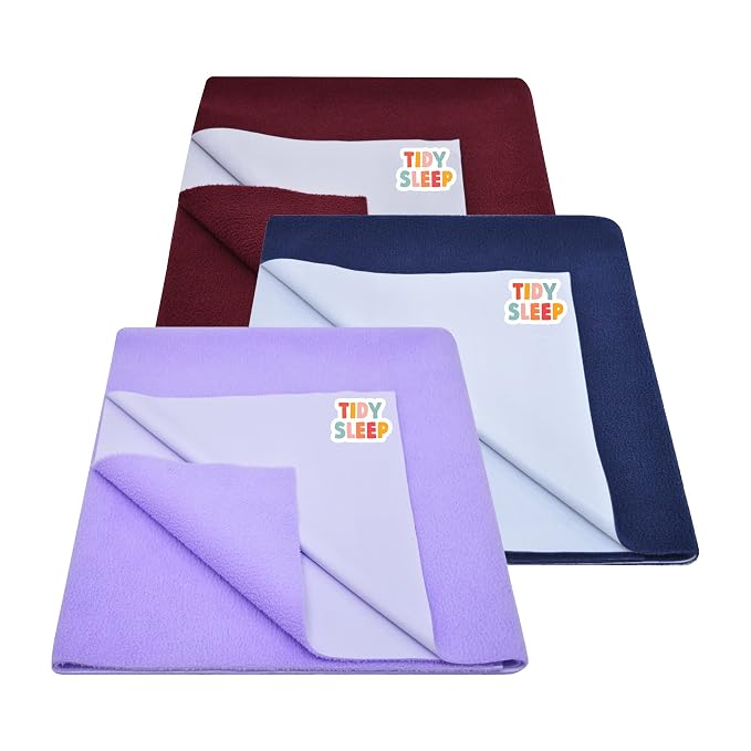 Tidy Sleep Instadry Anti-Piling Fleece Extra Absorbent Quick Dry Sheet for New Born Babies, Cotton Bed Protector Mattress Pack of 3 Maroon-Lilac-NBlue Medium (100x70) cm