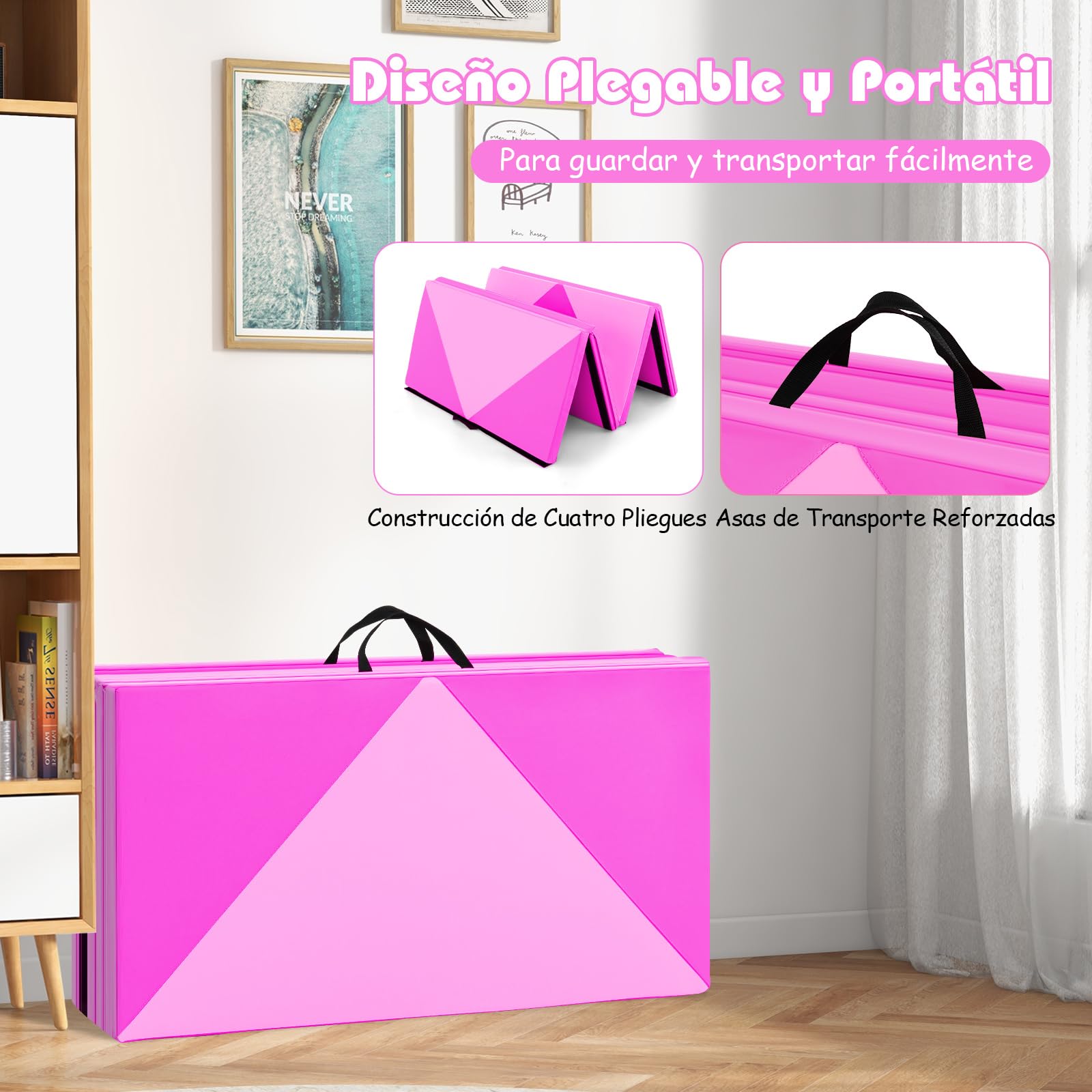 GOPLUS Colchoneta de Gimnasia Plegable, 240x117x5cm, Esterilla de Entrenamiento de Cuero Artificial con Asas de Transporte, Alfombra de Suelo para Fitness Yoga (Rosa + Purpúreo)
