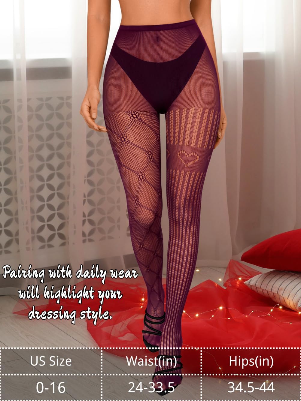 Patterned Tights For Women,Striped Pantyhose With Hearts,Fishnet Stockings Costume Party Festival - Image 6