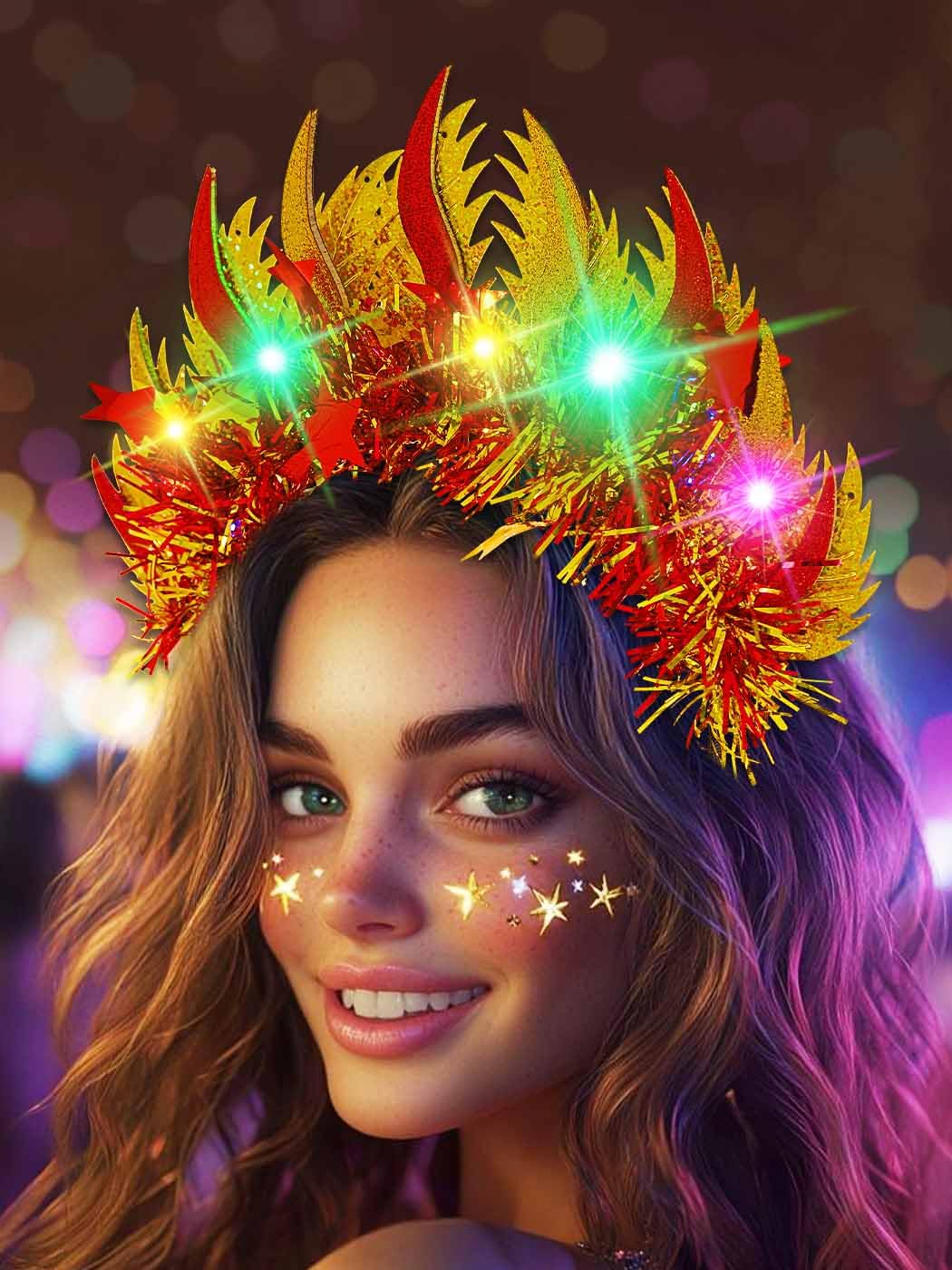 IYOU Fire Light Up Headband Gold Leaf Led Headpiece Flashing Carnival Rave Hair Accessories for Women - Image 2