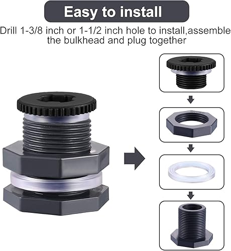 Miniatura 4 de Outus 2 Pieces PVC Bulkhead Fitting with Plugs for Rain Barrels, Aquariums, Water Tanks, Tubs, Pools (3/4 Inch+4 mm Thick Silicon Seal Gaskett,Dark