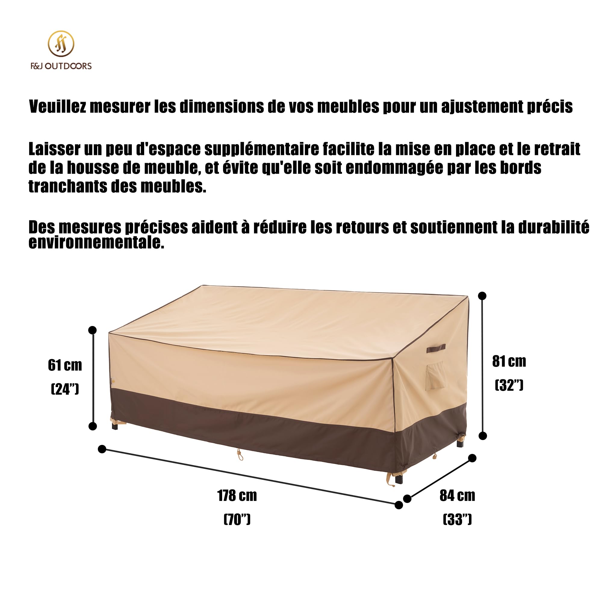 F&J Outdoors Housse pour canapé de jardin tissu écologique, imperméable, housse pour bancs 3 places, protection pour canapés extérieurs, protection contre la neige en hiver, 178x84x61/81cm