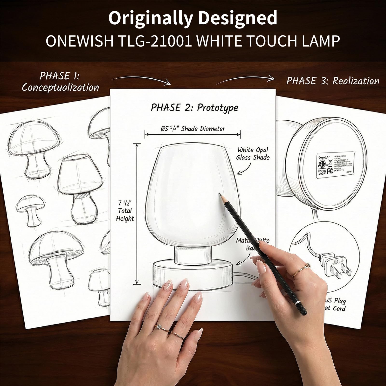 ONEWISH Lampe de Chevet Tactile - Lampe de Table Intensité Variable 3 Voies pour Chambre à Coucher, Salon, Abat-Jour en Verre Opale, Ampoule LED Incluse, Blanc