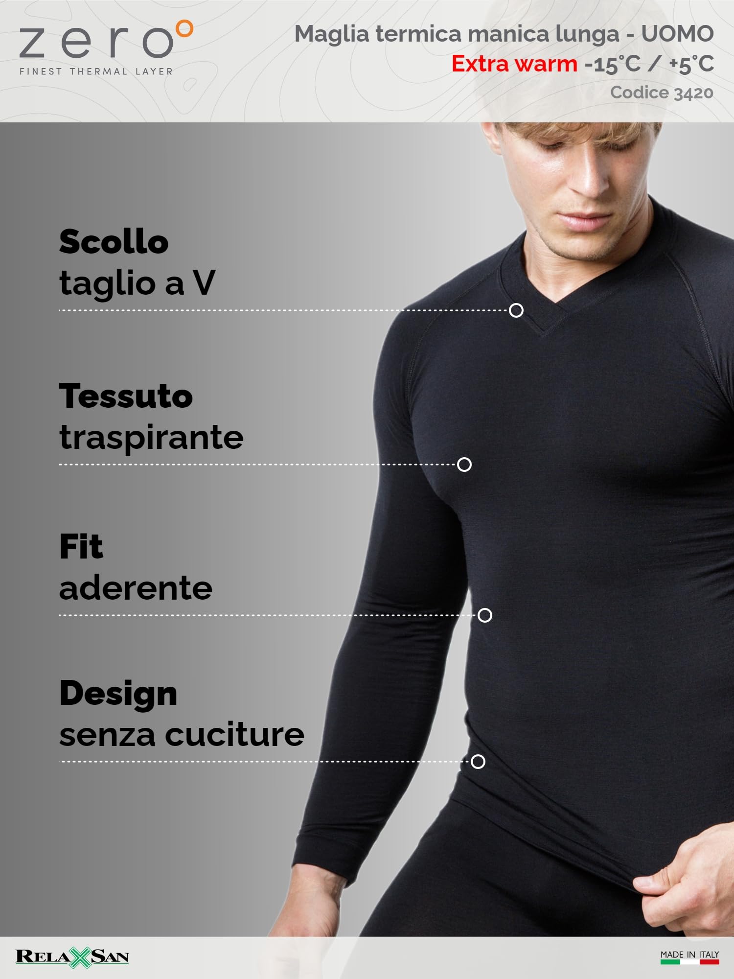 Relaxsan Zero Maglia Termica Uomo Manica Lunga, con Lana Merino, Made in Italy, cod. 3020