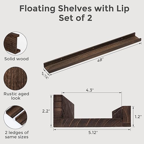 Miniatura 2 de Fun Memories Estantes para fotos con repisa de 48 pulgadas, estante flotante rústico de granja para pared con labio, estantes de exhibición de