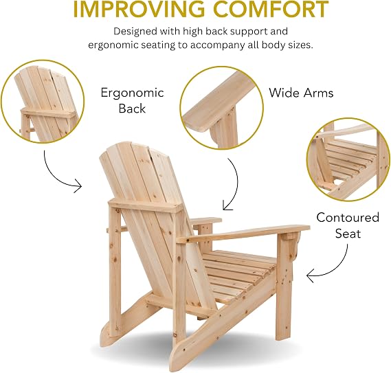 Shine Company Mid-Century Modern Wooden Adirondack Chair, Outdoor Patio Firepit Chairs, Back & Seat Pre-Assembled, Natural