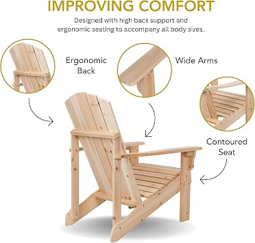 Shine Company Mid-Century Modern Wooden Adirondack Chair, Outdoor Patio Firepit Chairs, Back & Seat Pre-Assembled, Natural