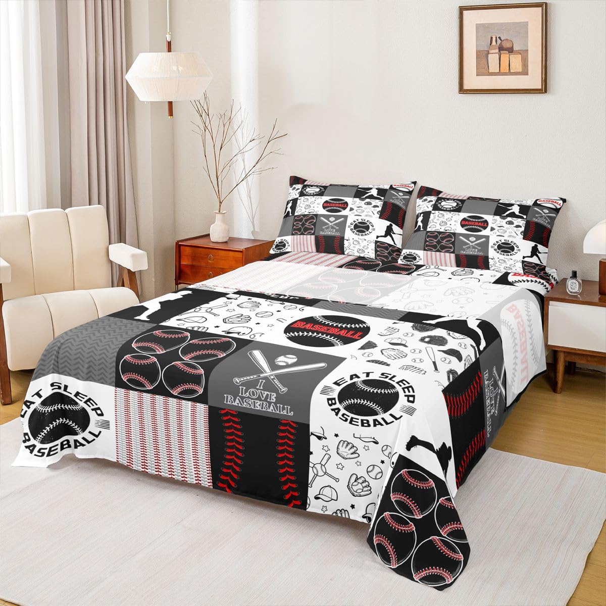 Castle Fairy Patchwork Baseball Fitted Sheet King Size 4 Pcs,Sports Geometric Grid Red Grey Teens Sheets,Baseball Bedding Sets (1 Fitted,1 Flat,2 Pillowcases)