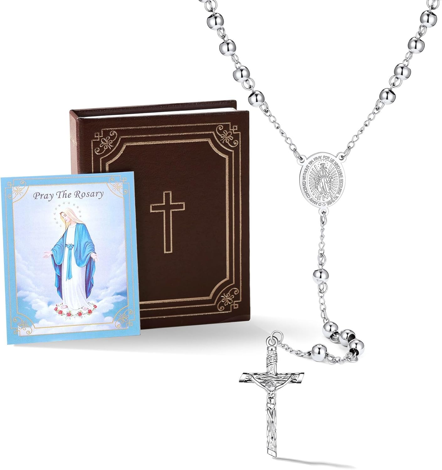 Bestyle Catholic Rosary Beads Necklace for Women Men with Cross Bible Verse Package, 4mm/6mm Virgin Mary Rosary Bead Cross Necklaces in Silver/Gold/Black/Rose Gold Tone