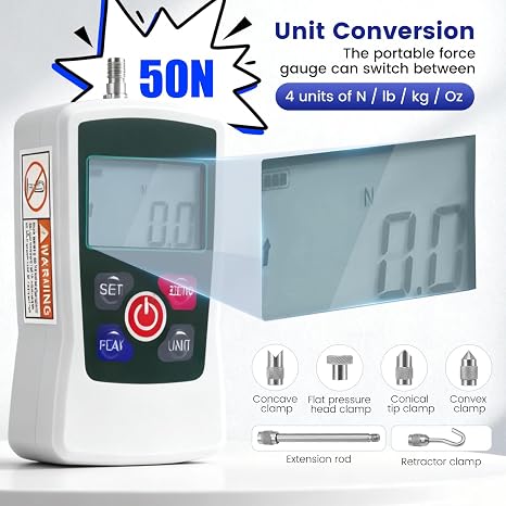 Digital Force Gauge, 50N Digital Pull Tester Dynamometer, 4 Types Unit (N, kg, lb, oz) Real-Time/Peak/First Peak Modes, High-Precision Pressure Push-Pull Meter for Quality Control