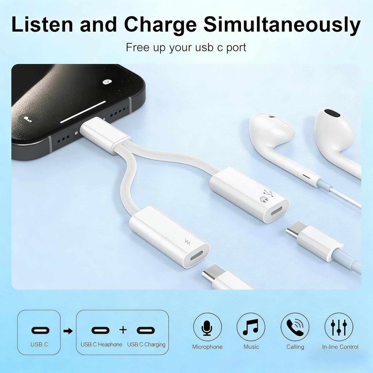 Rozdzielacz USB 2 w 1 AUX i pakiet ładowania [rozdzielacz USB-c i USB C do gniazda i ładowarki 3,5 mm], szybkie ładowanie PD 60 W i Hi-Fi, do iPhone'a 15, 16, 17/iPad Pro/Galaxy
