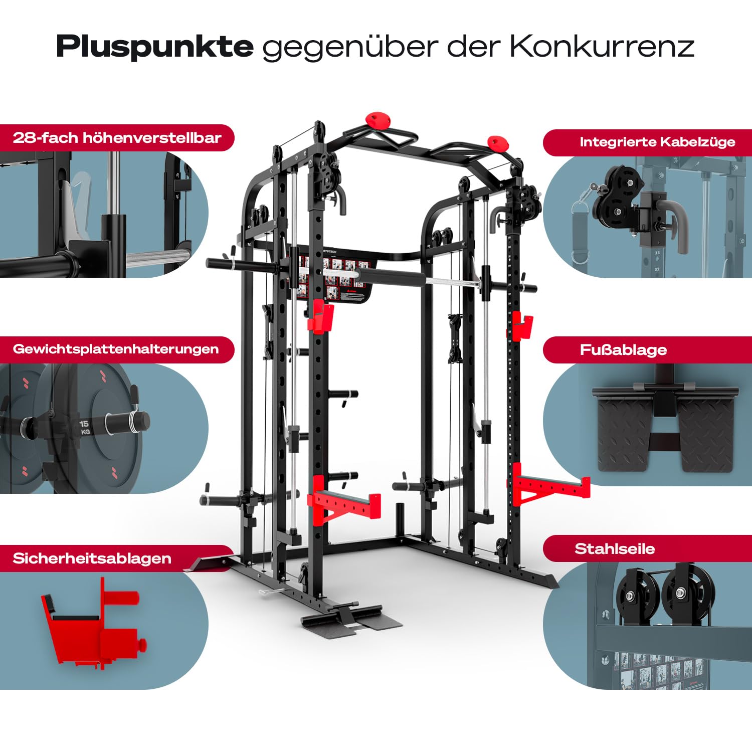 Sportstech SXM150 Smith Machine für Zuhause, Power Rack mit Kabelzug, Klimmzug, Langhantelstange, Bankdrücken, Multipresse, für Gewichtsscheiben, Kraftstation inkl. Griffe, Multifunktional, Home Gym