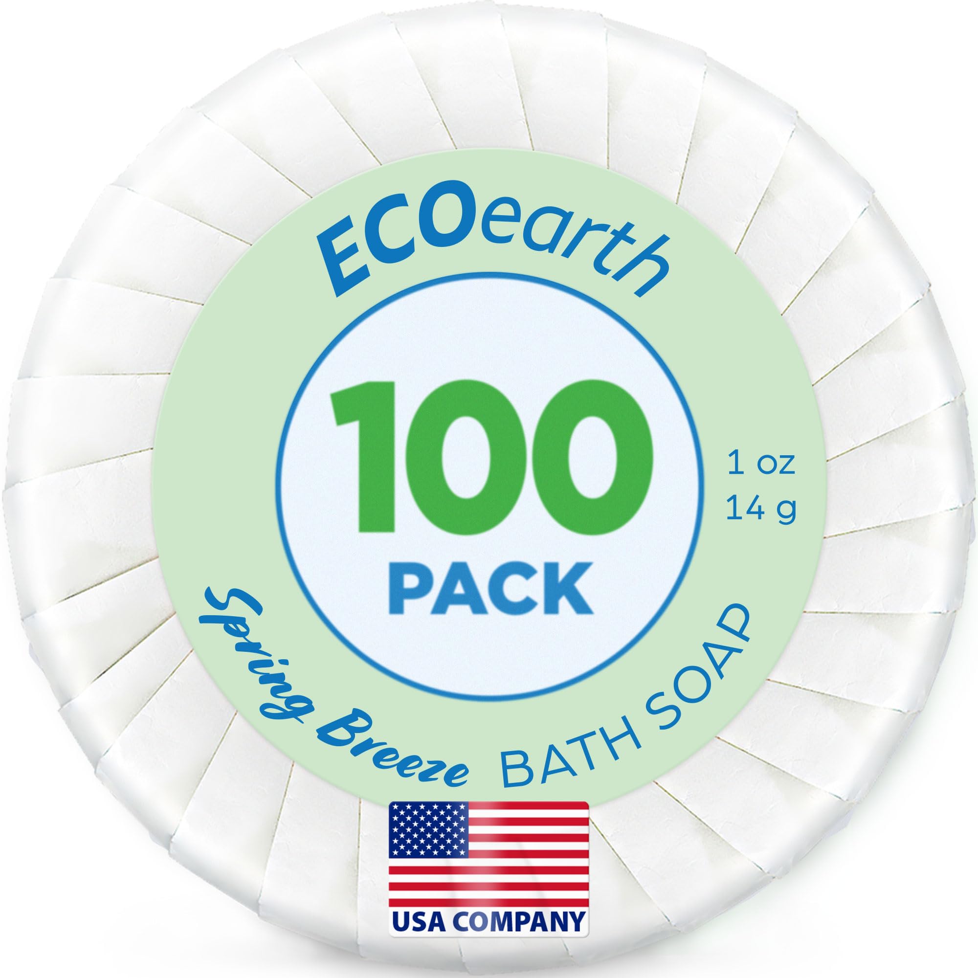 EcoEarth Hotel Soap Bars (Spring Breeze, 1 oz, 100 Pack), Travel Size Luxury Bulk Amenities Bar Soap, Small Individually Wrapped Round Soap, Mini Toiletries for Airbnb, Motel, Guest Bath