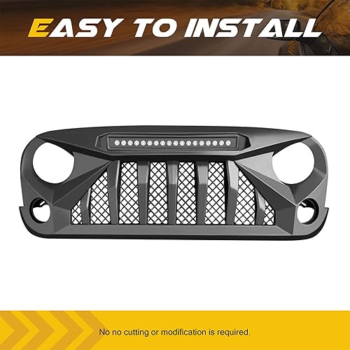 Miniatura 4 de Cubierta de rejilla delantera con luces todoterreno compatible con Jeep Wrangler 2007 a 2018, JKJKU, Rubicon y Sahara Sport, negro mate