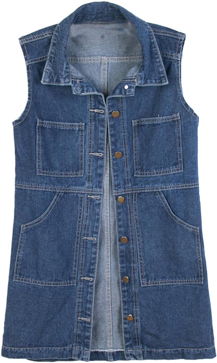 HALITOSS Women Button Down Mid Long Denim Jean Vest Waistcoat Sleeveless Jacket