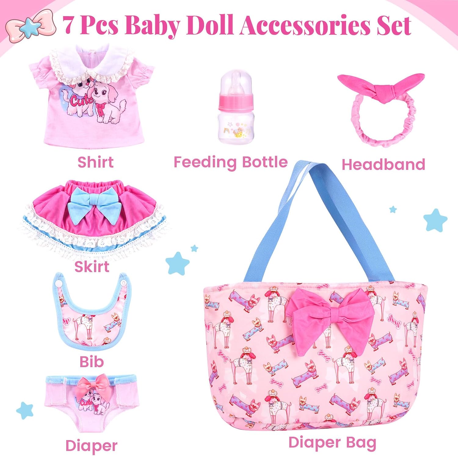 BABESIDE 7 Pcs Baby Doll Clothes Accessories Set for 12-16 Inch Dolls, Including Clothes Set, Doll Bottle and Diaper Bag, Great for Children's Pretend Play (Dolls not Included)