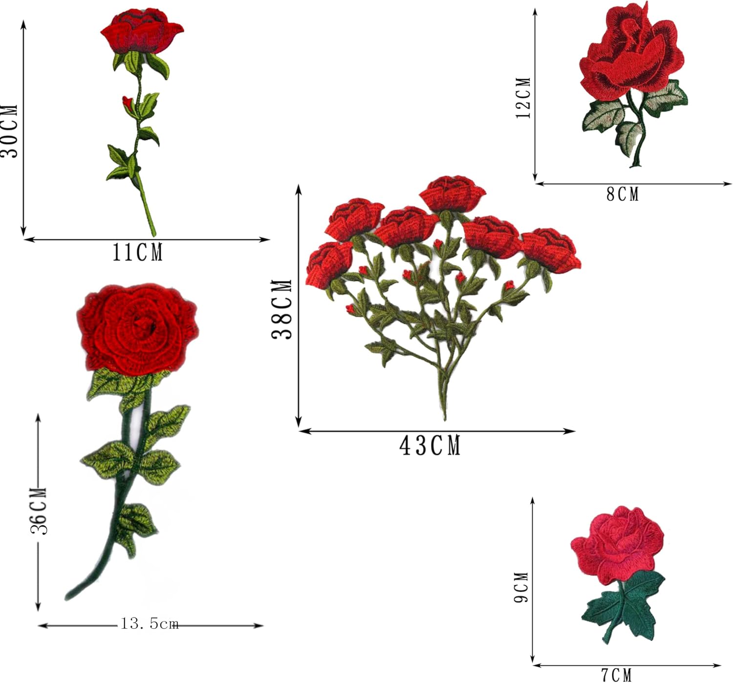 Red Rose Floral Patches Embroidered Flower Appliques DIY, 5-Piece Set image 2