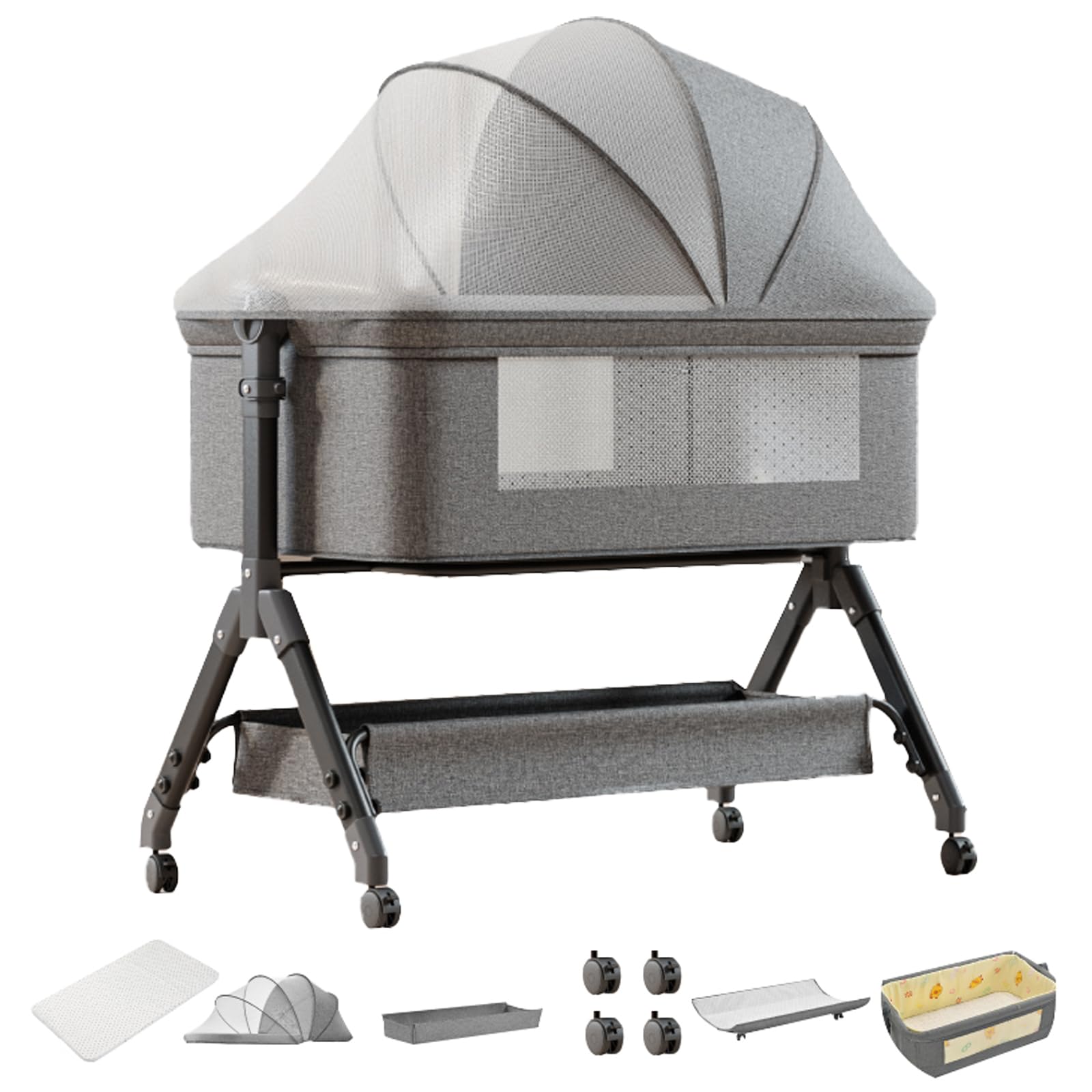 Lettino portatile da comodino, regolabile in altezza, con zanzariera, colore: grigio nero (grigio)