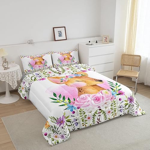 Miniatura 2 de Lindo juego de edredón de ciervos para niñas, rosas rosadas, juegos de ropa de cama y colecciones con temática de animales, edredón de flores