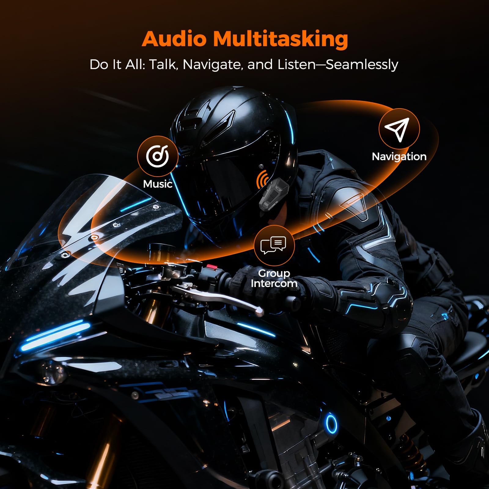 H4 Intercomunicador Casco Moto Bluetooth de 4 Vías con Alcance de hasta 2000 m, Audio Multitarea, Batería de 35 h, Cancelación de Ruido DSP, IP67 Impermeable, Radio FM, Pack de 2
