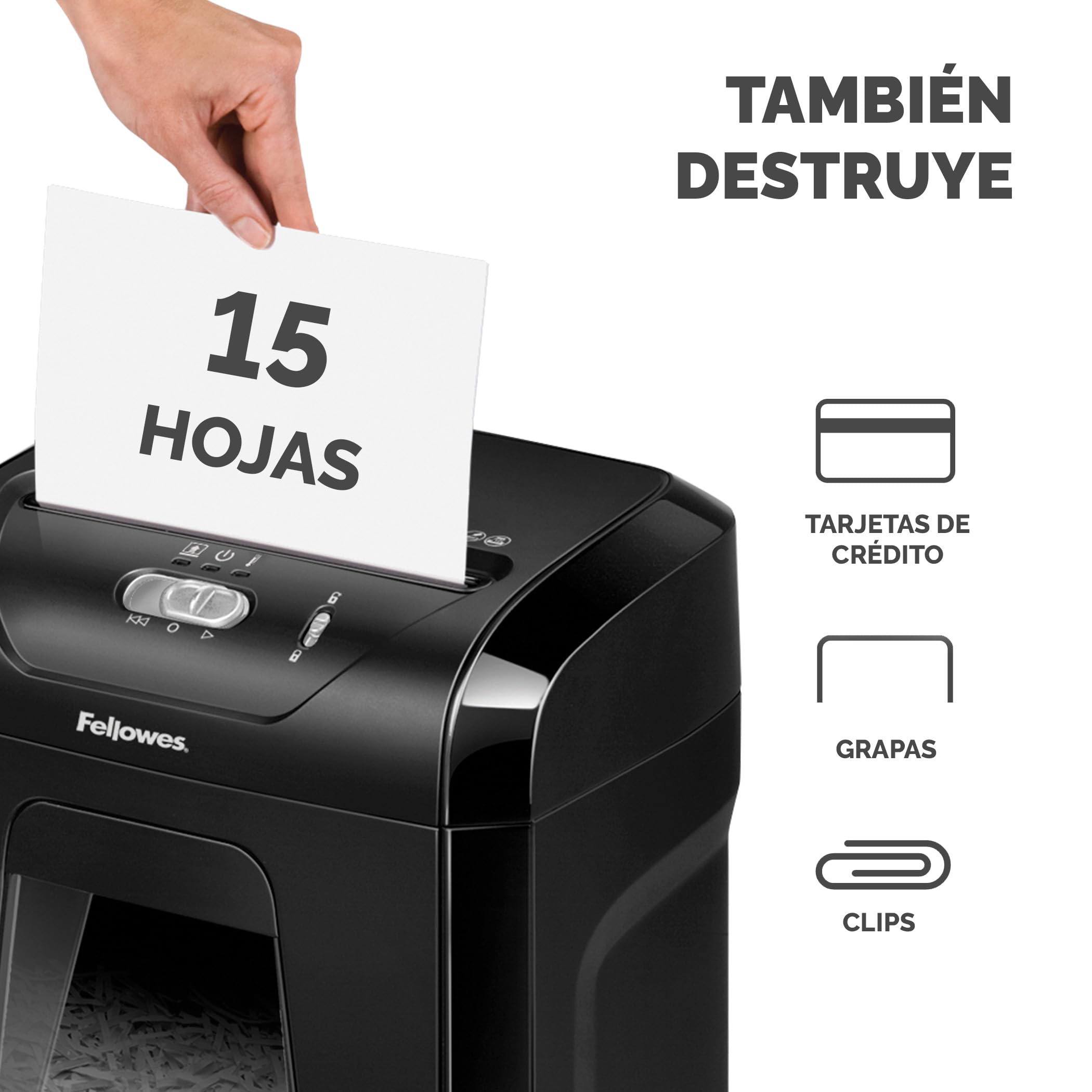 Fellowes Destructora de Papel FS-15C - Uso en Oficina en casa - Trituradora de Corte en partículas, destruye hasta 15 Hojas, Papelera extraíble 19L - Seguridad P4 - Negro