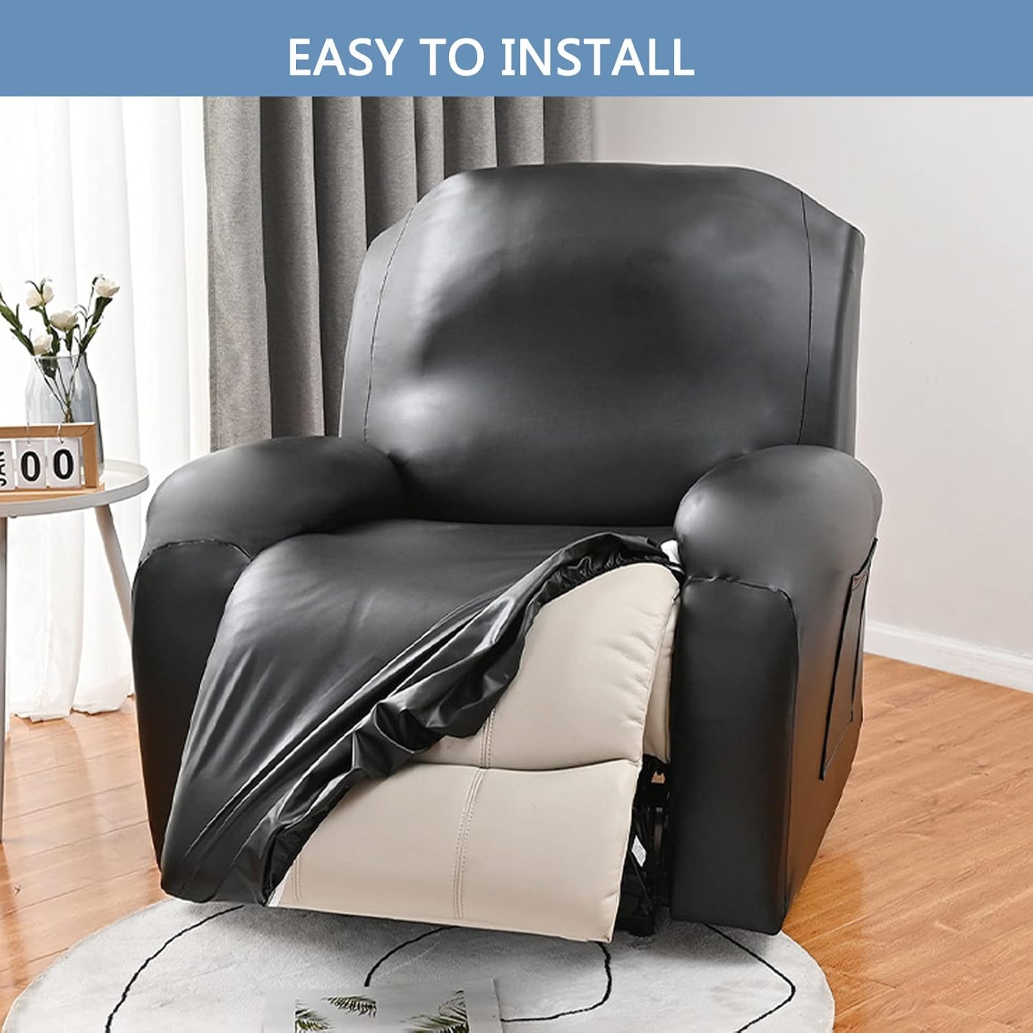 4pcs Recliner Sofa Cover, PU Leather Reclining Cover Waterproof Armchair Slipcover, Non Slip Recliner Sofa Slipcover for Living Room-Coffee