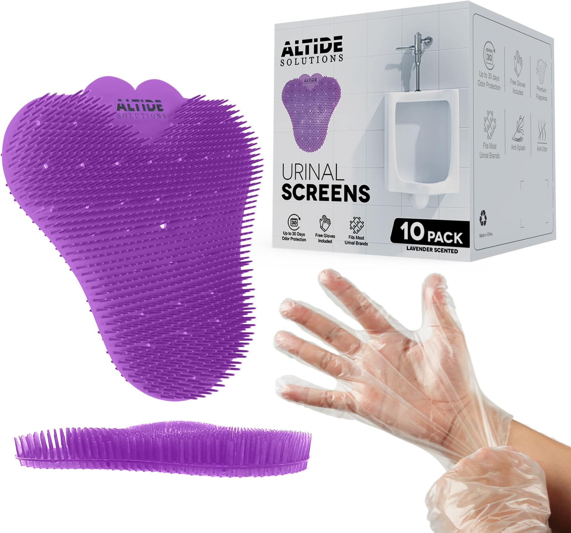 Altide Solutions Urinal Screens Deodorizer,10 Pack Urinal Screen with Included Gloves,Lavender Scent,Anti-Splash and Universal Fit,Non-Clogging Design Purple Lavender