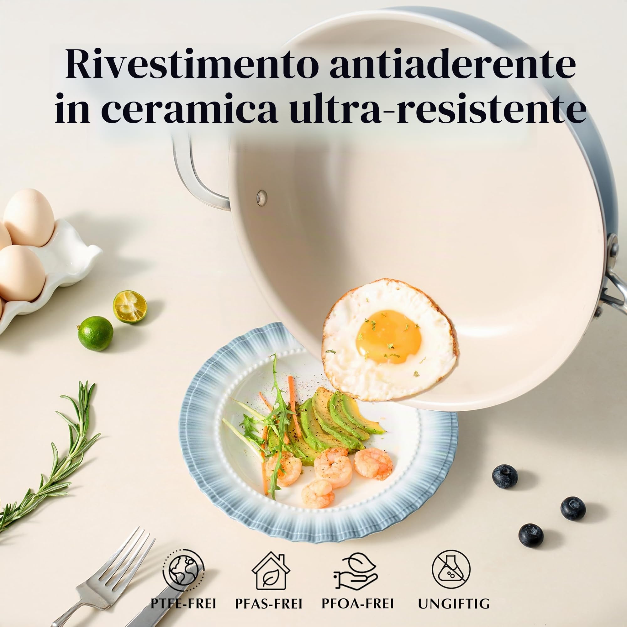 Redchef Padella da 28 cm, con coperchio, rivestimento antiaderente, in ceramica, a induzione con manico in acciaio inox, senza PTFE, senza PFAS, adatta al forno, lavabile in lavastoviglie, colore: blu