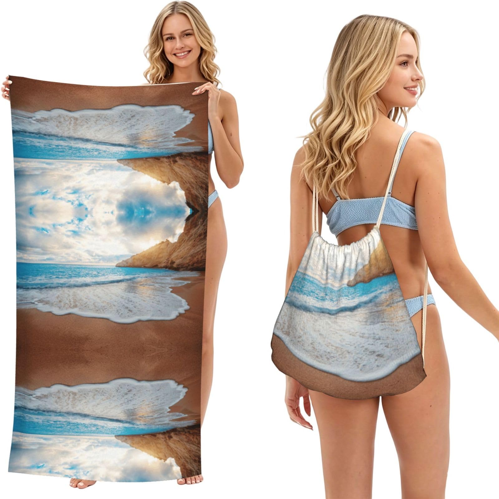 SATUSA Water Rush To Tropical Beach Print 2-In-1 Foldable Beach Towel Backpack – Camping, Yoga And Travel,Bath Towel With Built-In Storage, Convertible Beach Mat & Carry Bag
