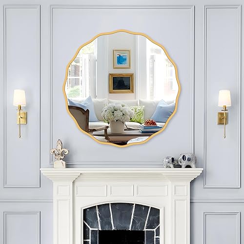 Miniatura 3 de Espejo redondo dorado decorativo de 24 pulgadas para pared, moderno espejo ondulado con marco de madera, espejo de pared circular para baño,