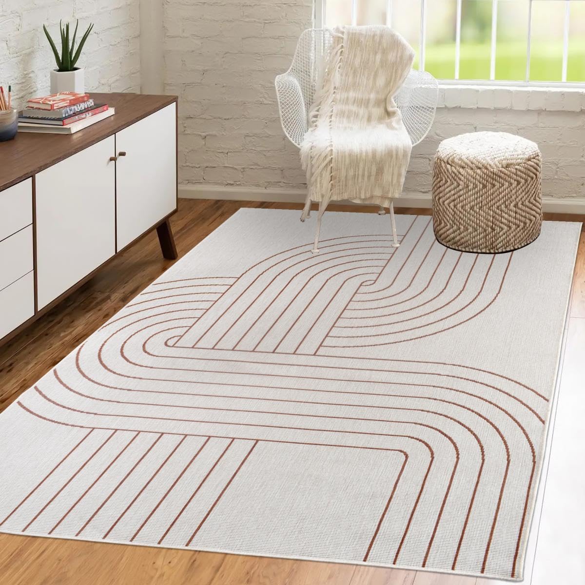 Tapis Exterieur 160 X 230 Cm, Terracota Et Écru Motif Géométrique Graphique, Kilim Tissé Belgique, Idéal Terrasse Jardin Balcon, 12056