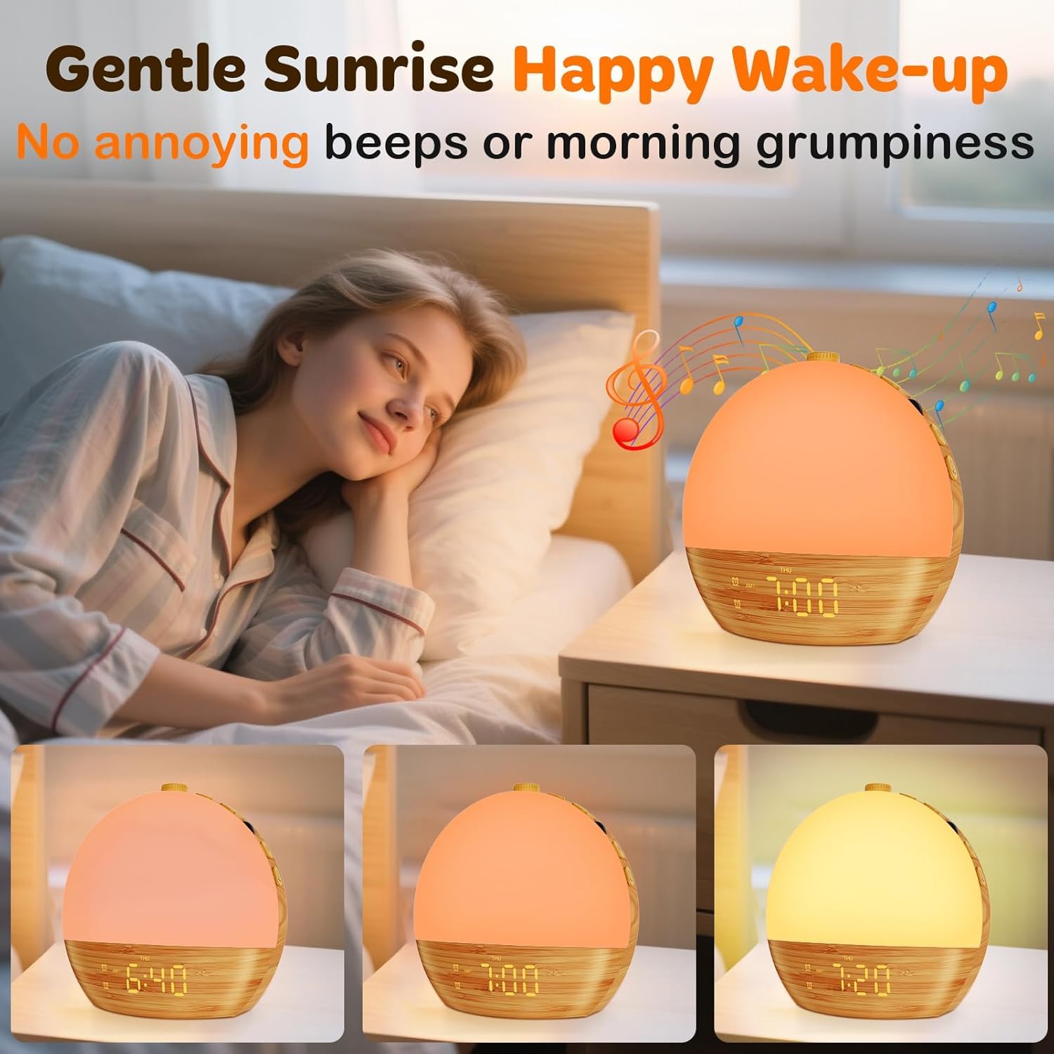 Reloj despertador Sunrise con máquina de sonido, luz de despertador, Bluetooth, doble reloj despertador digital para dormitorios, brillo ajustable, 30 sonidos de sueño (AA)