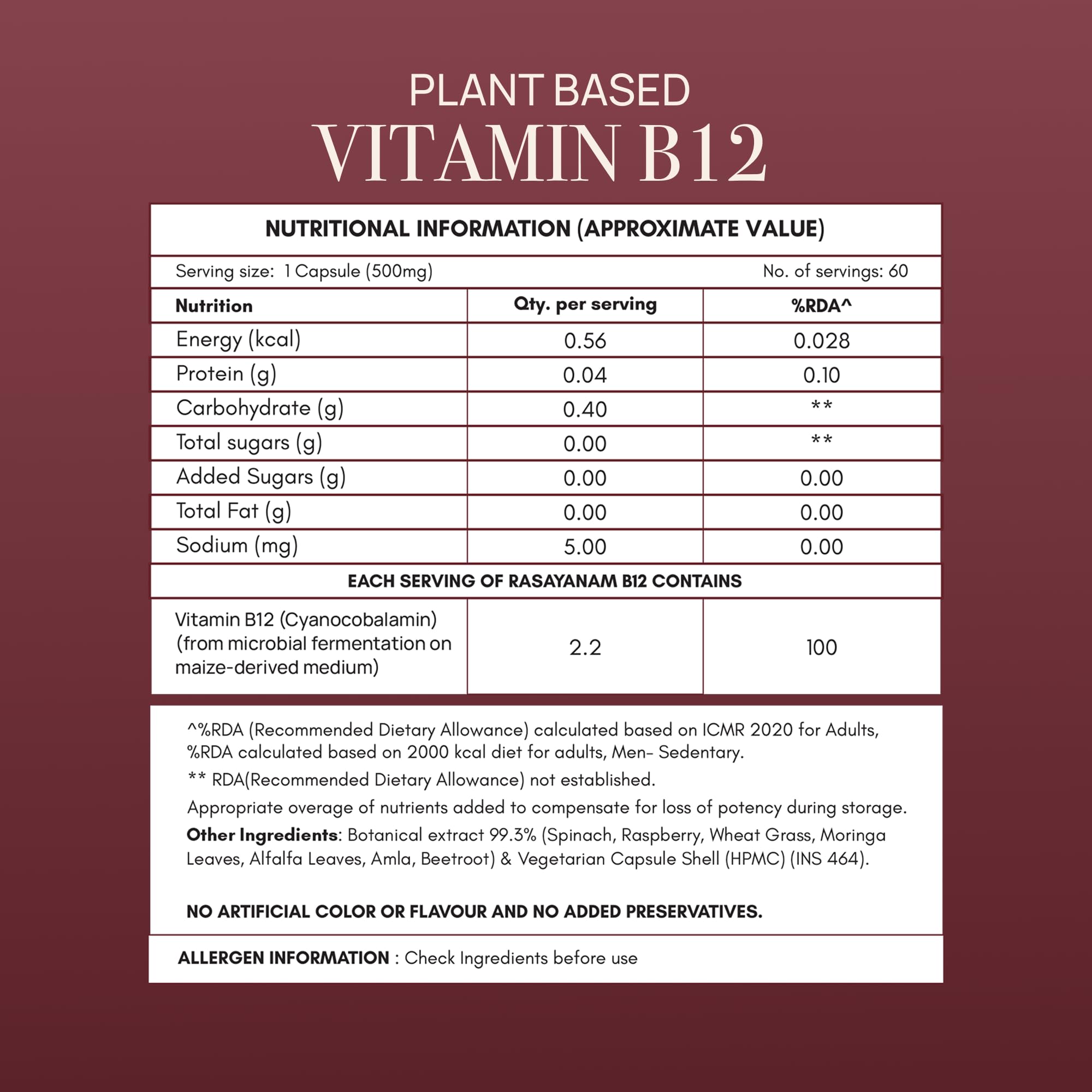 Rasayanam Plant-Based Vitamin B12 | 100% Vegan Vitamin B12 | Enriched with 7 Superfoods like Moringa, Amla & More | Supports Energy, Nerve Health & Brain Function | 120 Veg Capsules — Amazon image 8