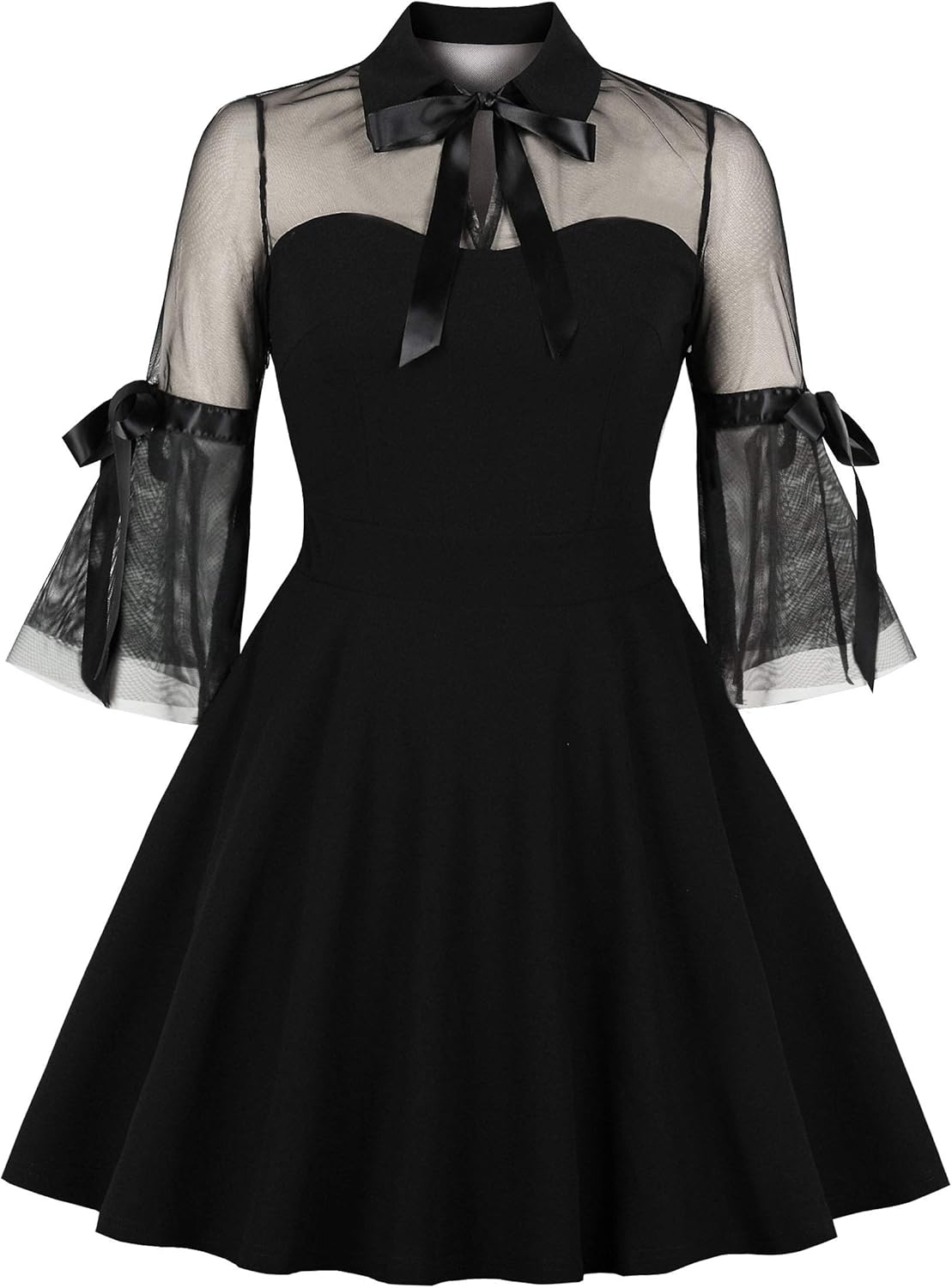 Wellwits Women's Keyhole Mesh Bell Sleeve Vintage Skater Dress