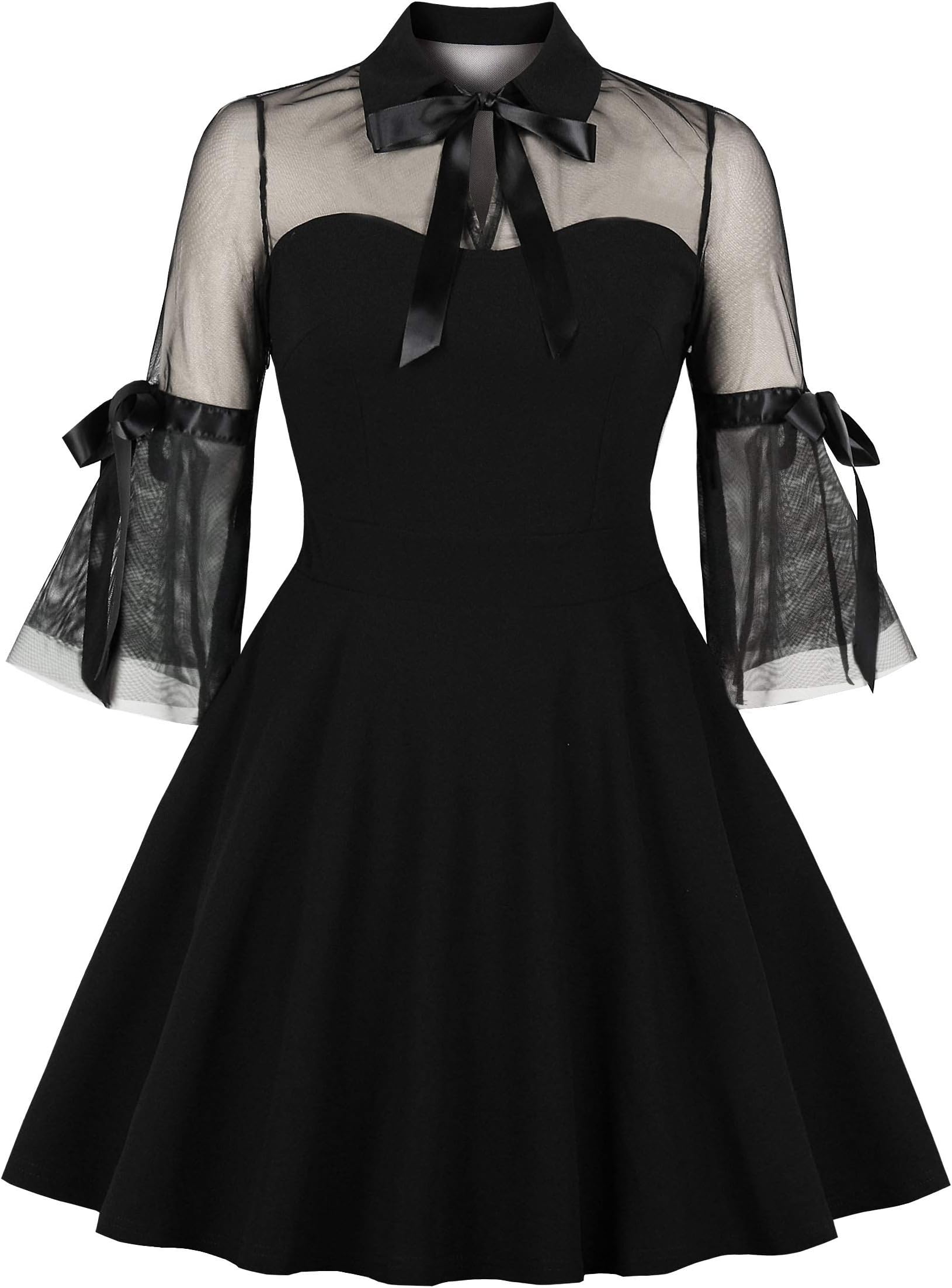 Women's Keyhole Mesh Bell Sleeve Vintage Skater Dress