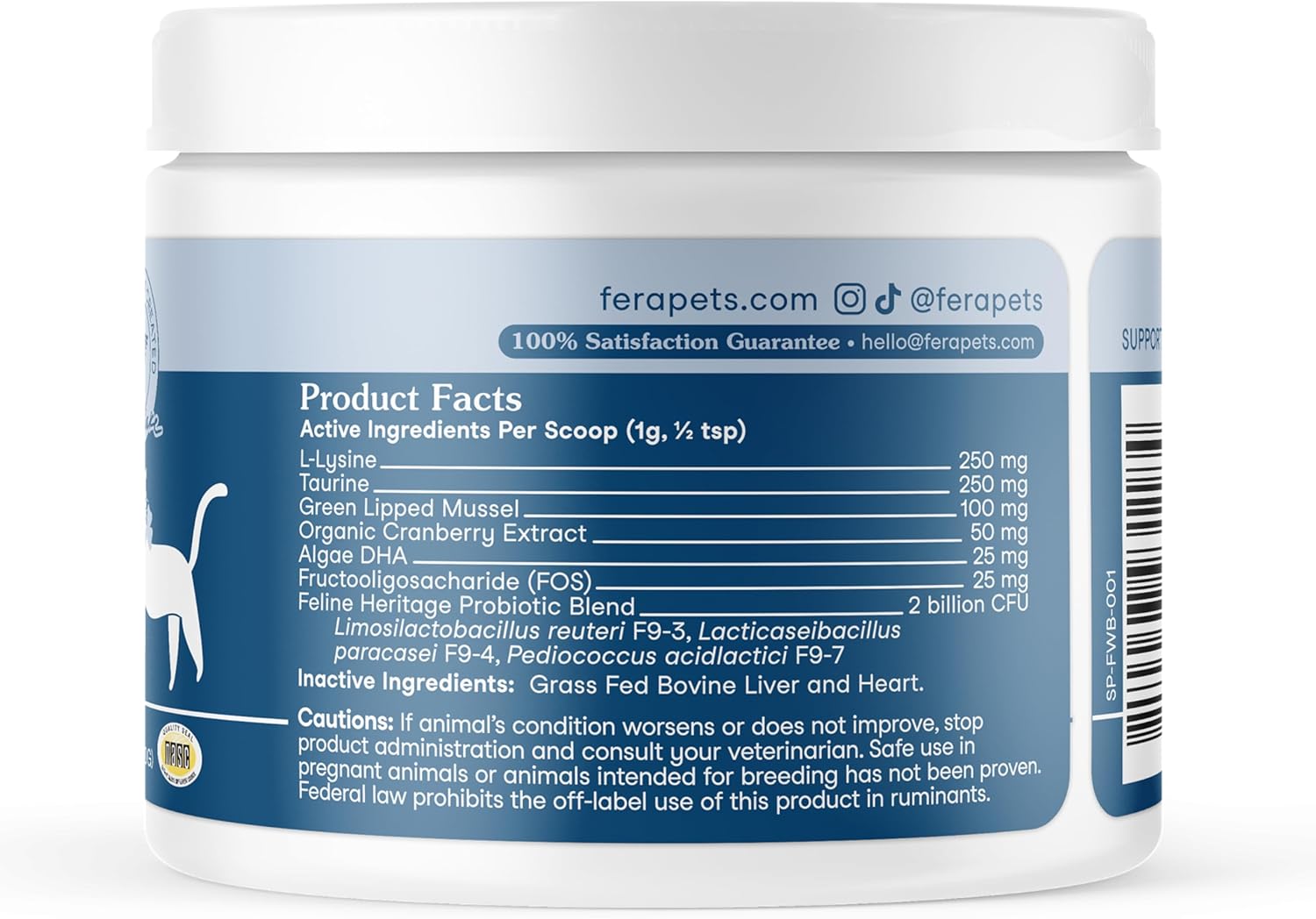 Fera Pets Wellness Blend - Cat Health Supplement with Feline-Specific Probiotics, Taurine and Lysine - Promotes Healthy Joints, Immunity, Heart & Bladder -Powder - 60 Scoops