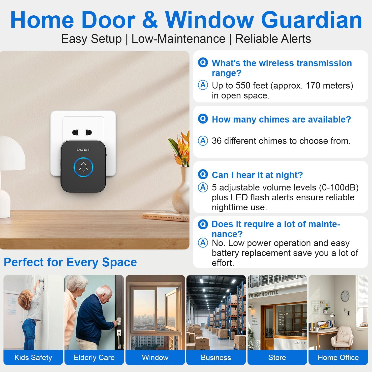 Door Chimes When Door Opens,Wireless Door Chime for Home/Business | 2-Sensors 1-Receivers,550 FT Range,36 Chimes,7 Adjustable Volume,Door Alarm Sensor for Kids/Dementia/Elderly Safety