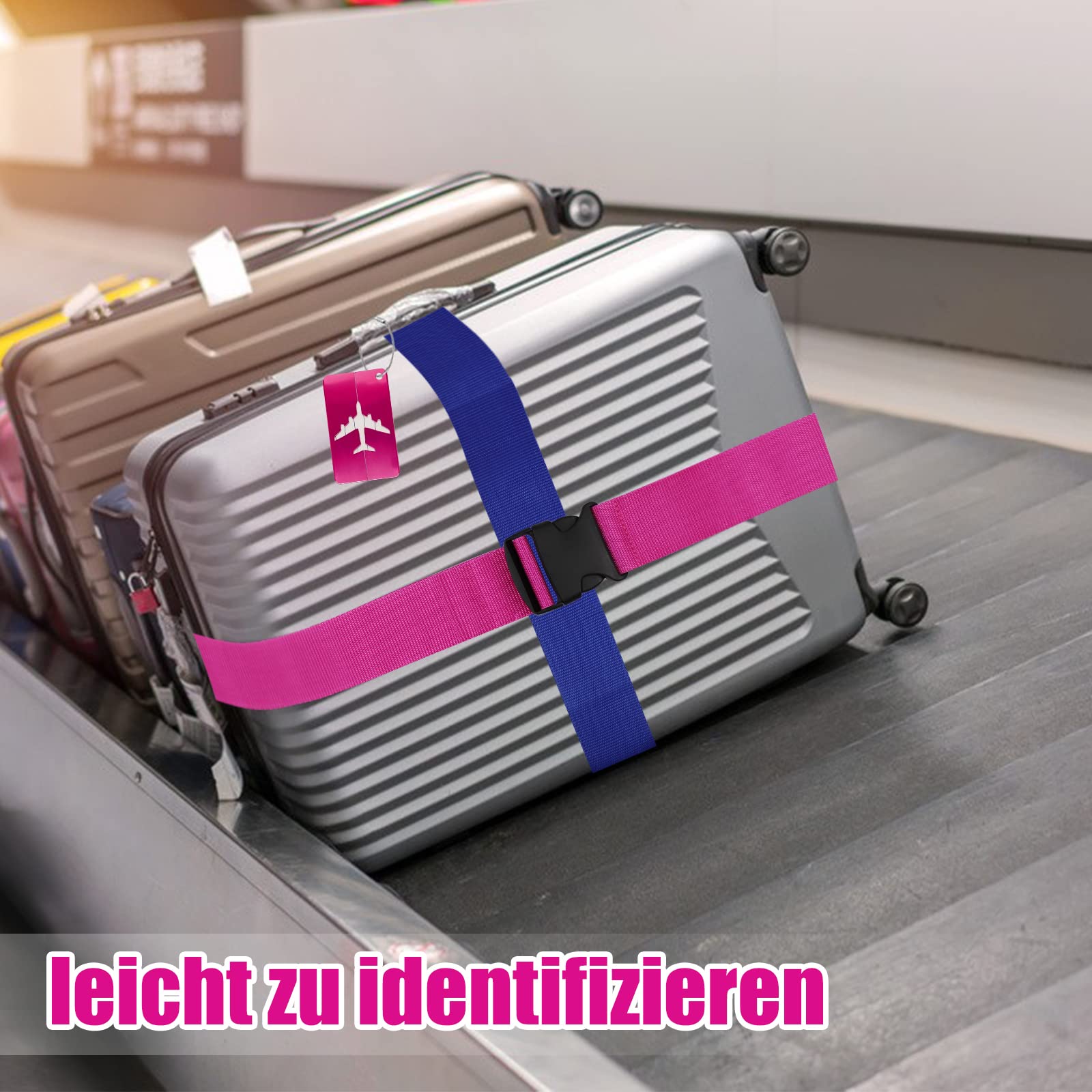 Flintronic 4 stuks premium bagageriem, kofferriem, kofferband, verstelbare antislip bagageband, lange kofferbanden, bagageriem 2 stuks kofferhangers, veilig reizen, voor koffer, rozerood