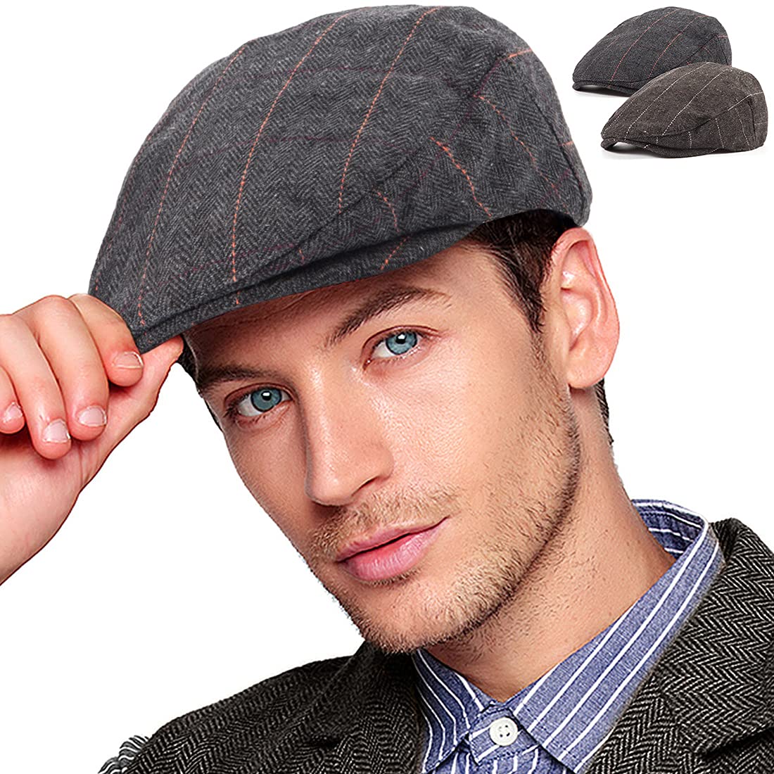 LADYBRO 2Pack Adjustable Newsboy Hats for Men Flat Cap Irish Cabbie Wool Blend Tweed