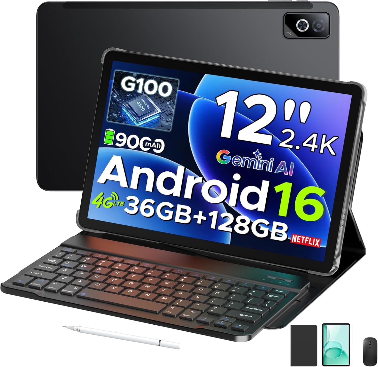 DOOGEE Tab G6 Pro 12 Inch 2.4K Tablet, 2026 Newest Android 16 Tablet with Keyboard, Helio G100, 36GB+128GB/2TB, 9000mAh Battery, 4G LTE/90Hz/Widevine L1/Gemini AI, Tablet with Pen, Mouse&Cas