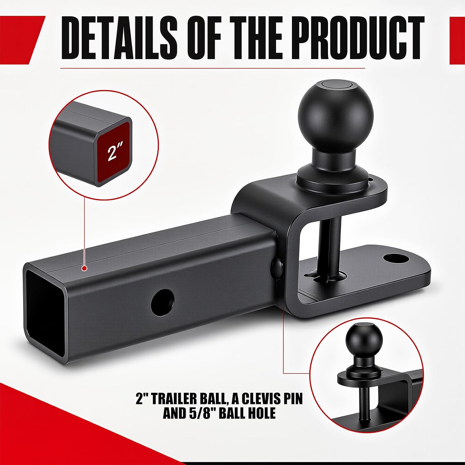 3-in-1 ATV UTV Hitch Ball Mount, Heavy Duty 2" Receiver Trailer Adapter with 2" Tow Ball, Clevis Pin & 5/8" Hole, Steel Tow Hitch for Quad Bike, Utility Trailer, Yard Field Work Maintenance