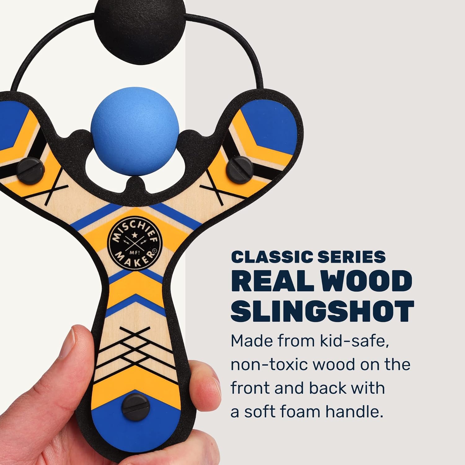 Mighty Fun! - Mischief Maker® Wooden Slingshot - Classic Series - Real Wood Slingshot for Kids, 4 Soft Foam Balls and Storage Bag - Ages 4+ (Blue)