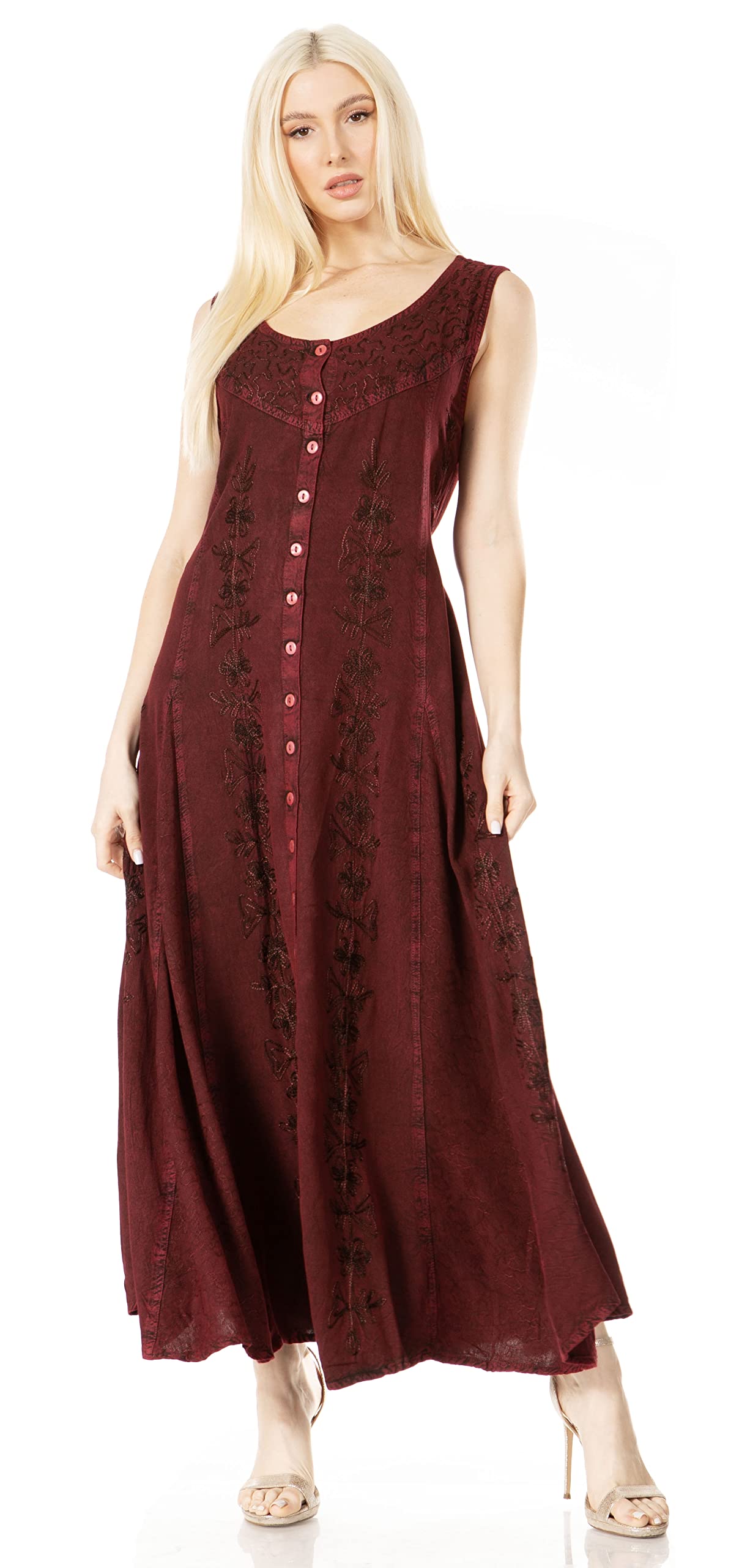 Sakkas Maya Robe Rayonne Boutonnée Brodée Florale sans Manches
