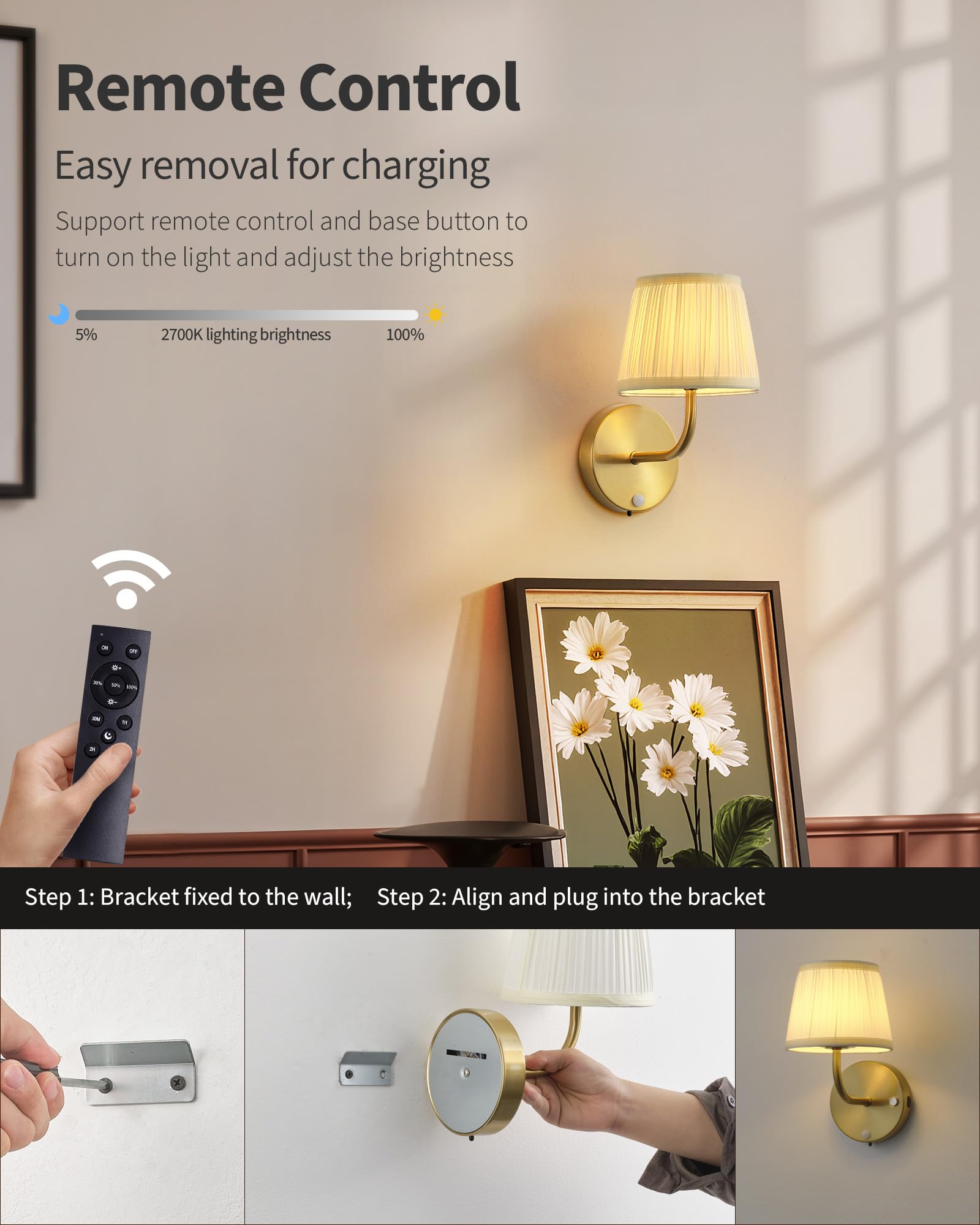 2 Stück wiederaufladbare Wandleuchten mit Bewegungssensor, dimmbare LED-Wandleuchten, 5200-mAh-Akku, inklusive Stofflampenschirm, geeignet für Schlafzimmer, Wohnzimmer und Flur (Gold + Beige)